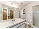 Well lit bathroom offers an oversized mirror, storage and convenient shower that's easy to access at 10140 Sw 81St Terrace Rd, Ocala, FL 34481