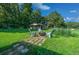 Secluded backyard with outdoor shed, swing set, play set, and fire pit for outdoor entertaining at 13232 Ne 39Th Ter, Anthony, FL 32617