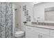 Cozy bathroom with updated white cabinets, modern hardware, shower-tub combo, and decorative prints for a relaxing atmosphere at 13618 Sw 111Th Cir, Dunnellon, FL 34432