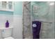 Bathroom featuring a glass enclosed marble shower with aqua colored walls, offering a luxurious spa like experience at 13618 Sw 111Th Cir, Dunnellon, FL 34432