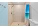 Close-up of bathroom walk-in shower with tiled walls and shower curtain at 14118 Sw 32Nd Terrace Rd, Ocala, FL 34473