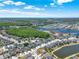 Expansive aerial shot of a residential neighborhood with a large lake, surrounded by lush greenery and homes at 2525 Sand Arbor Cir, Orlando, FL 32824