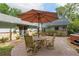 Charming backyard patio with a dining set under a large umbrella, complemented by lush landscaping and a cozy hot tub at 400 Se 90Th St, Ocala, FL 34480