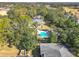 Aerial view of a community featuring a pool, manicured lawns, and residences surrounded by mature trees at 588 Fairways Ln # E204, Ocala, FL 34472