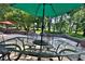 Outdoor dining patio with a glass-top table, elegant chairs, and beautiful green space at 7939 Se 12Th Cir, Ocala, FL 34480
