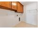Functional laundry area with wooden cabinets for storage and hookups for washer and dryer at 17902 Se 115Th Cir, Summerfield, FL 34491