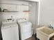 Functional laundry room with washer, dryer, sink, and storage shelves, designed for efficient household tasks at 5024 Se 107Th Pl, Belleview, FL 34420