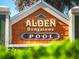 Alden Bungalows sign with pool inscription is an identifying marker at 3023 Charlevoix St, The Villages, FL 32163