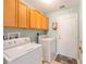 Functional laundry room includes washer, dryer and ample storage with cabinets above appliances at 8722 Sw 60Th Cir, Ocala, FL 34476