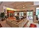 Expansive living room with custom built-ins, fireplace, ceiling fans and access to outdoor patio at 1300 Sw 43Rd Pl, Ocala, FL 34471