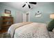 Bedroom with floral bedding, light blue walls, ceiling fan, and closet at 530 Sw 35Th St, Ocala, FL 34471