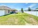 View of spacious backyard with full fence and a covered patio at 9677 Sw 56Th Cir, Ocala, FL 34476