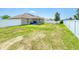 View of spacious backyard with full fence and a covered patio at 9677 Sw 56Th Cir, Ocala, FL 34476