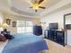Comfortable main bedroom with ceiling fan, tray ceiling, and ample space for a large dresser and television at 9677 Sw 56Th Cir, Ocala, FL 34476