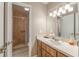 Well-lit bathroom with a tiled walk-in shower, single vanity, and large mirror with decorative lighting at 3815 Ne 17Th Street Cir, Ocala, FL 34470