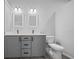 Bathroom with double vanity, modern fixtures, granite countertop, grey cabinets, and modern toilet at 4312 Sw 172Nd Place Rd, Ocala, FL 34473