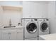 Functional laundry room featuring modern washer and dryer units, storage cabinets, and a sink with modern fixtures at 8033 Nw 29Th Street Rd, Ocala, FL 34482