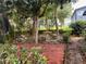 Backyard with a concrete picnic table is surrounded by bushes and trees at 1408 Torrey Pines Dr, Lady Lake, FL 32159