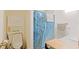 Modest bathroom with an over-the-toilet cabinet and shower-tub with blue patterned curtain at 6211 Se 126Th St, Belleview, FL 34420