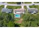Wide aerial shot of the neighborhood showing the home's fenced backyard and screened in pool at 3881 Se 61St Pl, Ocala, FL 34480