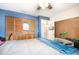 Bedroom with wood-look floors featuring a blue accent wall, wood closet doors, and ceiling fan at 3881 Se 61St Pl, Ocala, FL 34480