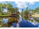 Serene waterfront view showcasing several docks nestled among lush trees, creating a peaceful and scenic environment at 24628 Fox Rd, Astor, FL 32102