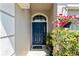 Close-up of a front door with sidelights and decorative plants, creating an inviting entrance to the home at 8053 Sw 62Nd Ave, Ocala, FL 34476
