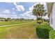Expansive backyard view showcasing a meticulously kept lawn and landscape, enhanced by palm trees and a distant neighborhood view at 9663 Sw 92Nd Place Rd, Ocala, FL 34481