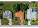 Bird's eye view showcasing three houses with well-manicured lawns, driveways, and mature trees separating each residence at 4992 Nw 31St St, Ocala, FL 34482