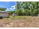 Large grassy backyard featuring mature trees, lush landscaping, and storage buildings at 6820 Se 108Th St, Belleview, FL 34420