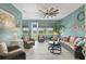 Bright sunroom with cozy wicker furniture, ceiling fan, neutral paint, and scenic outdoor views at 9577 Sw 82Nd Street Rd, Ocala, FL 34481