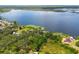Picturesque aerial view of lakefront property showing calm waters, vibrant greenery, lily pads and private boat docks at 23797 Ne 189Th St, Fort Mc Coy, FL 32134