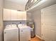 Functional laundry room features a washer, dryer, storage cabinets, and water heater at 5410 Nw 62Nd Ave, Ocala, FL 34482