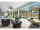 Relaxing screened patio with seating area and view of the inviting pool at 12804 Se 90Th Court Rd, Summerfield, FL 34491