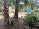 Private backyard with lush greenery, palm trees, and a relaxing outdoor seating area at 22736 Sw 117Th St, Dunnellon, FL 34431