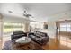 Cozy living room with plush couches, ceiling fan and large sliding glass doors to the patio at 4225 Sw 57Th Ave, Ocala, FL 34474