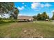 Exterior view of a cozy home with a well-maintained lawn, clear skies, and an umbrella-shaded seating area at 531 Ne 142Nd Ave, Silver Springs, FL 34488