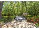 Stone patio in a lush backyard with palm trees and landscaping, ideal for outdoor entertaining or relaxation at 200 Se 145Th St, Summerfield, FL 34491