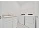 Functional laundry room equipped with a sink, white cabinets, modern washer, and dryer at 5621 Sw 90Th Ln, Ocala, FL 34476