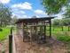 Exterior view of wooded chicken coop with wire mesh sides on a bare ground at 402 Sw 127Th Pl, Ocala, FL 34473