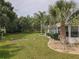 Back of the house with an expansive lawn, palm trees, privacy shrubs, and views of the surrounding greenery at 13863 Se 85Th Cir, Summerfield, FL 34491