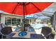 Outdoor dining area with umbrellas and a view of the screened-in pool at 15119 Sw 14Th Avenue Rd, Ocala, FL 34473