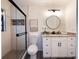 Beautiful bathroom featuring an updated vanity, framed mirror and a glass shower with attractive tile work at 346 Emerald Rd, Ocala, FL 34472