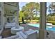 Covered patio with white outdoor furniture and a view of the pool and golf course at 4026 Nw 85Th Ter, Ocala, FL 34482