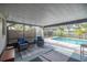 Covered patio with chairs overlooking a sparkling blue swimming pool at 5720 Se 20Th St, Ocala, FL 34480