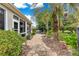 Backyard walkway from patio featuring tropical plants and trees at 8961 Se 130Th Loop, Summerfield, FL 34491