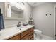 Bathroom vanity with a sink, mirror, and cabinets, as well as a toilet and wall art at 11326 Se 175Th Pl, Summerfield, FL 34491