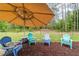 Charming backyard lounge area featuring colorful Adirondack chairs beneath a large, protective patio umbrella at 13131 Sw 73Rd St, Ocala, FL 34481