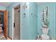 Bright blue bathroom featuring a shower and toilet, accentuated with coastal-themed decor at 23608 Ne 124 Place Rd, Salt Springs, FL 32134