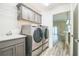 Modern laundry room with front loading washer/dryer, built in cabinetry, and a utility sink at 6877 Minchew Cir, The Villages, FL 34762